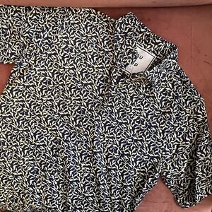 Peau de loup - short sleeve button down - navy & cream pattern